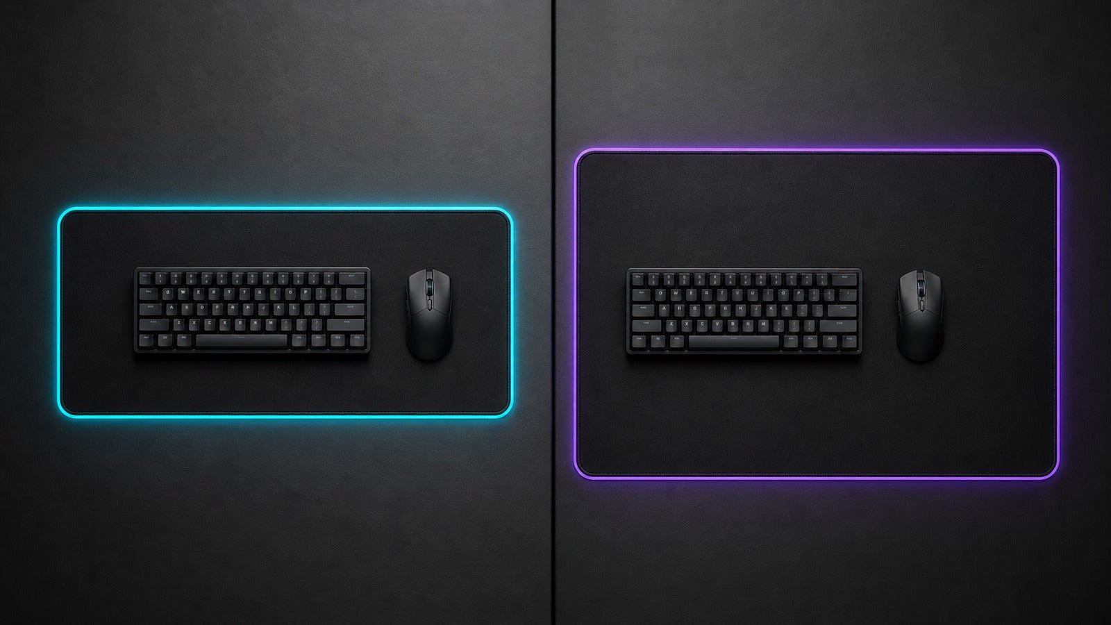 Compact and oversized RGB desk mats compared side by side with identical peripherals