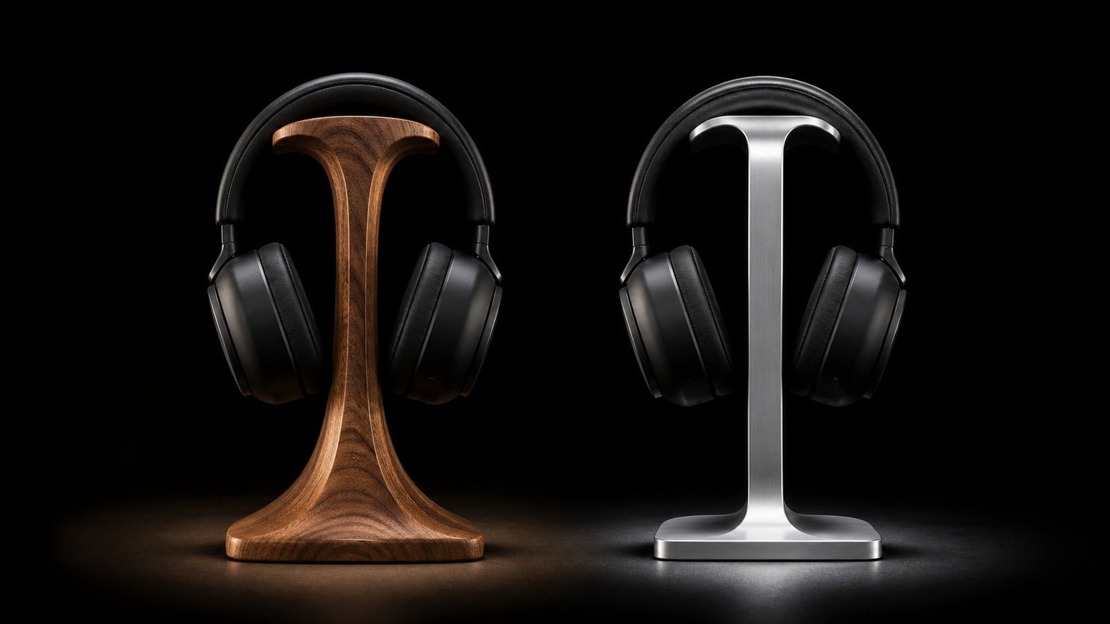 Walnut and brushed aluminum headphone stands displayed under contrasting studio spotlights