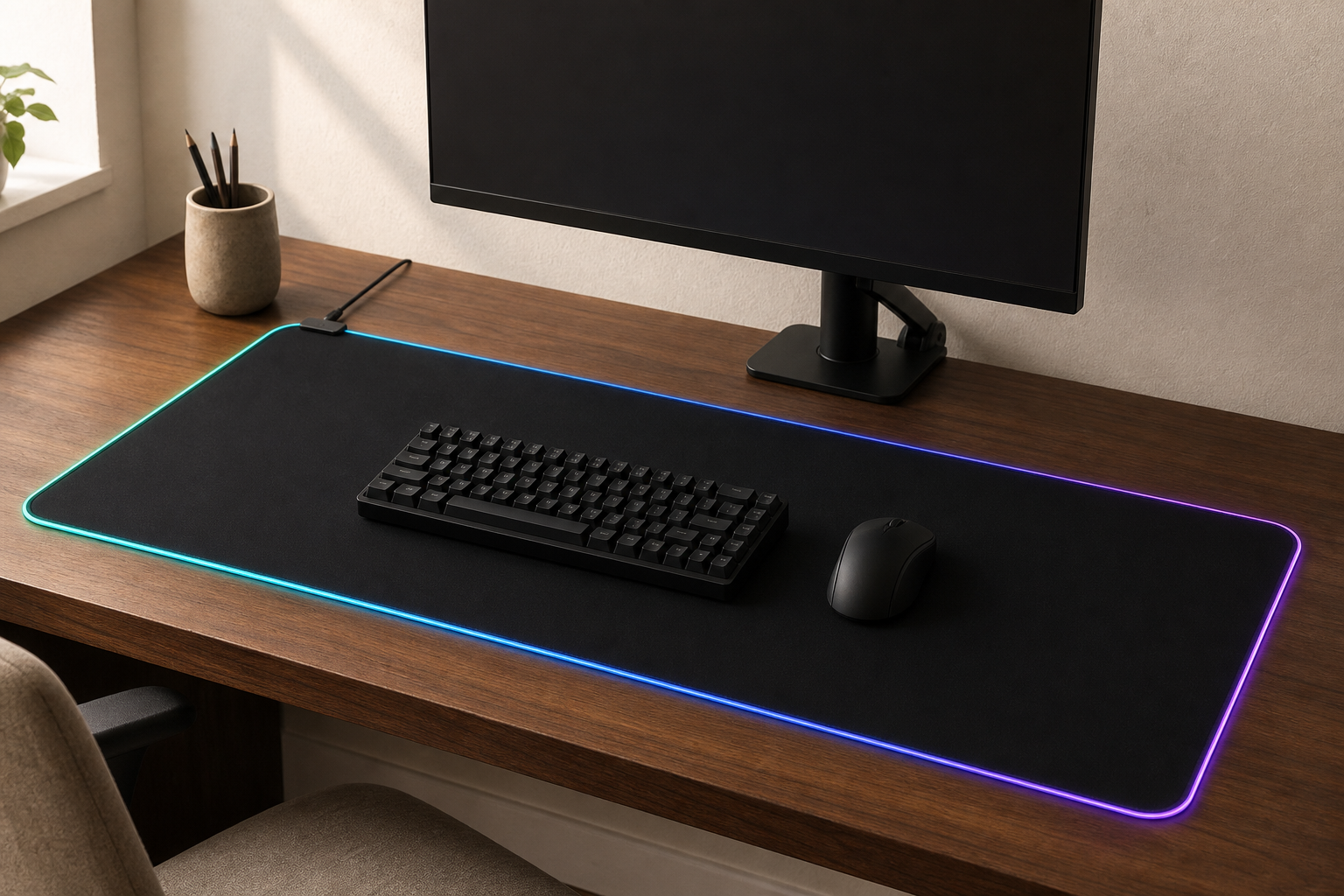 RGB LED desk mat with keyboard and mouse in a refined walnut workspace