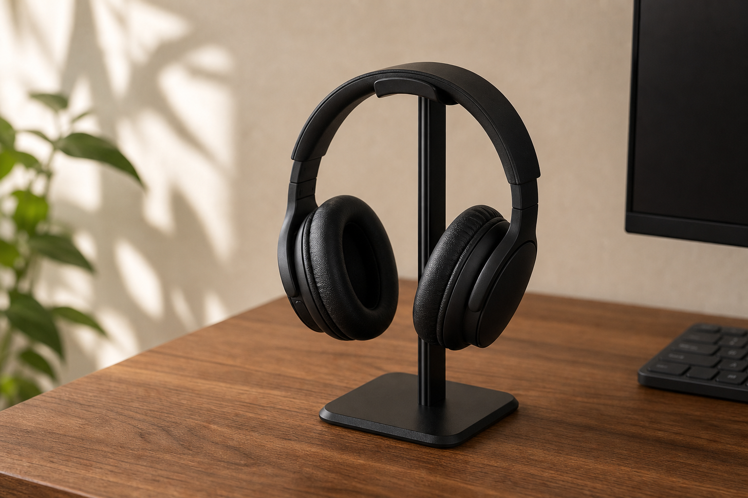 Black desktop headphone stand holding over-ear headphones on a walnut desk