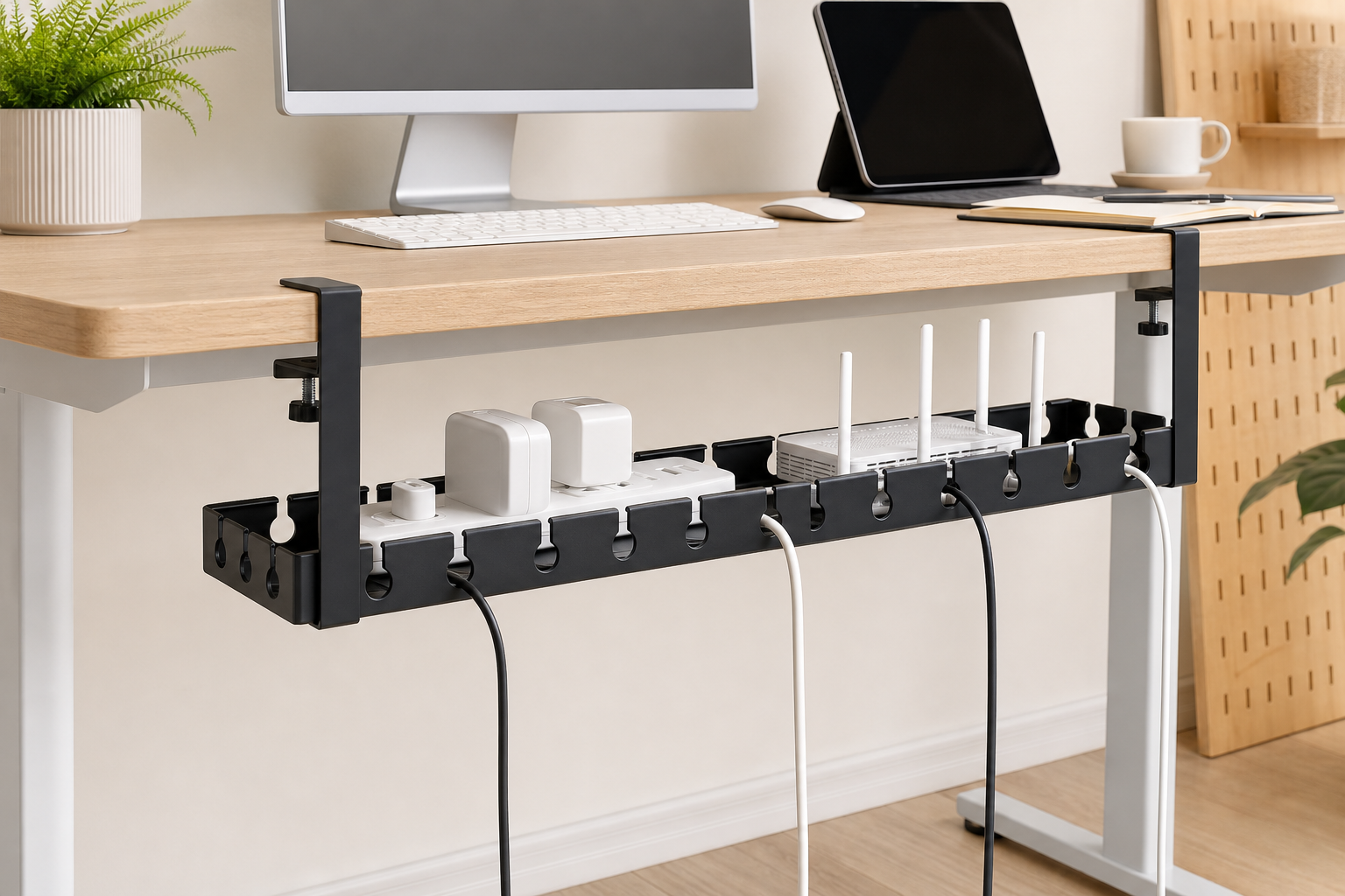 Retractable clamp-on cable tray organizing equipment beneath a desk