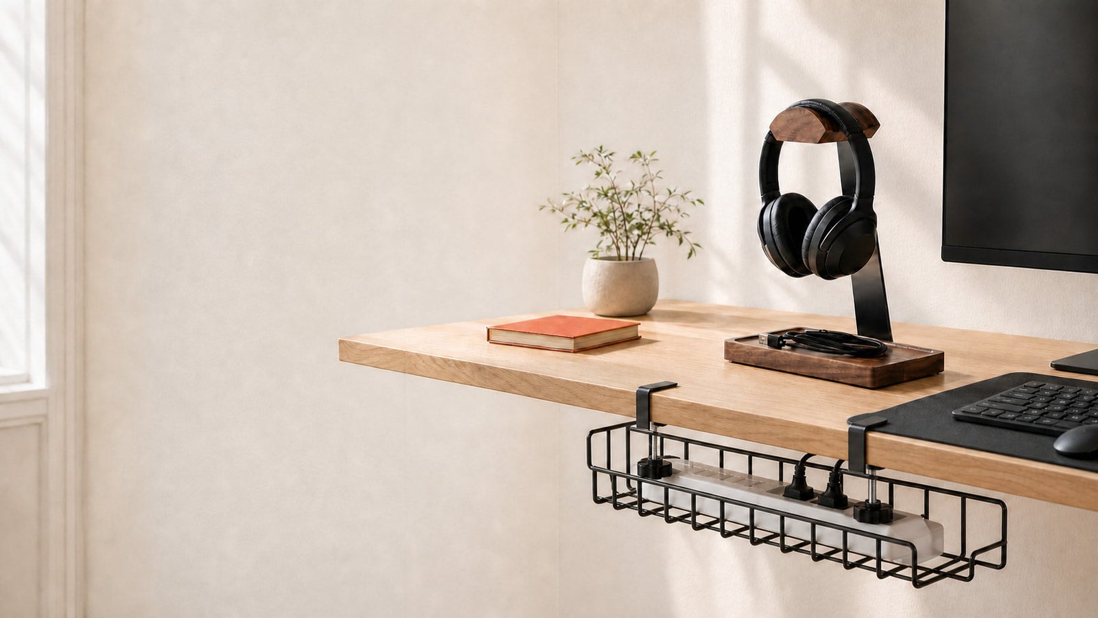 Calm pale-oak desk with a walnut headphone stand and an organized under-desk cable tray