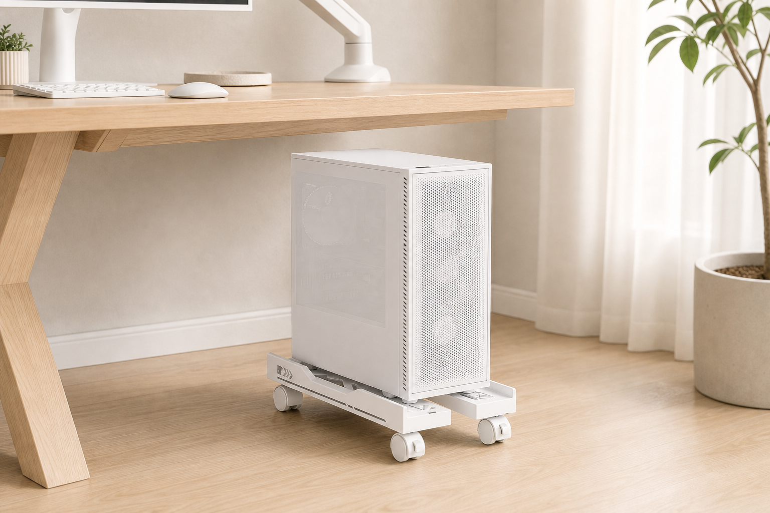 White PC tower on a rolling stand in a bright workspace