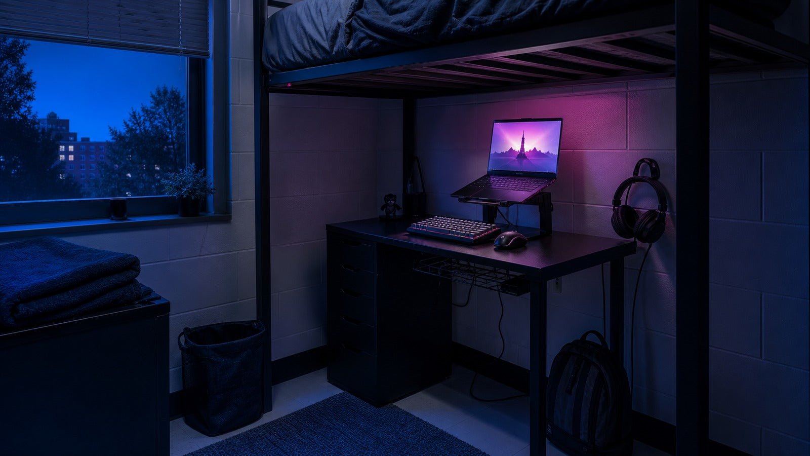 Nighttime college dorm gaming setup beneath a loft bed with blue and magenta lighting