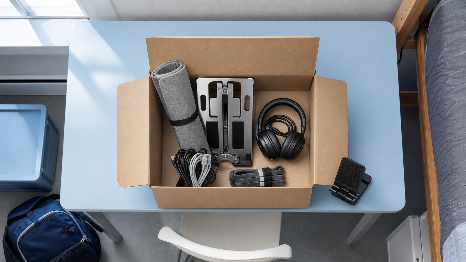 Affordable dorm desk essentials unpacked from one moving box in an overhead view