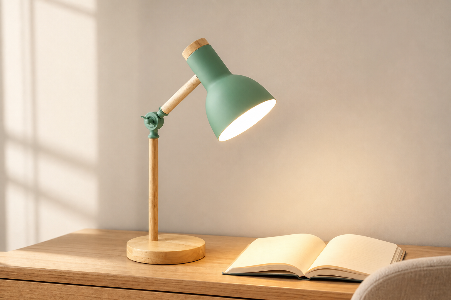 Green wood turn-head table lamp illuminating a notebook on a pale-oak desk